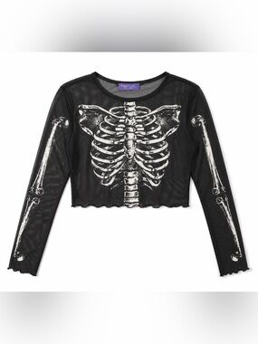 Black Mesh Skeleton Print Cropped Long-Sleeve Top